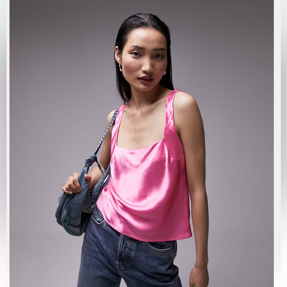 Topshop square neck satin cami in pink ASOS NWT